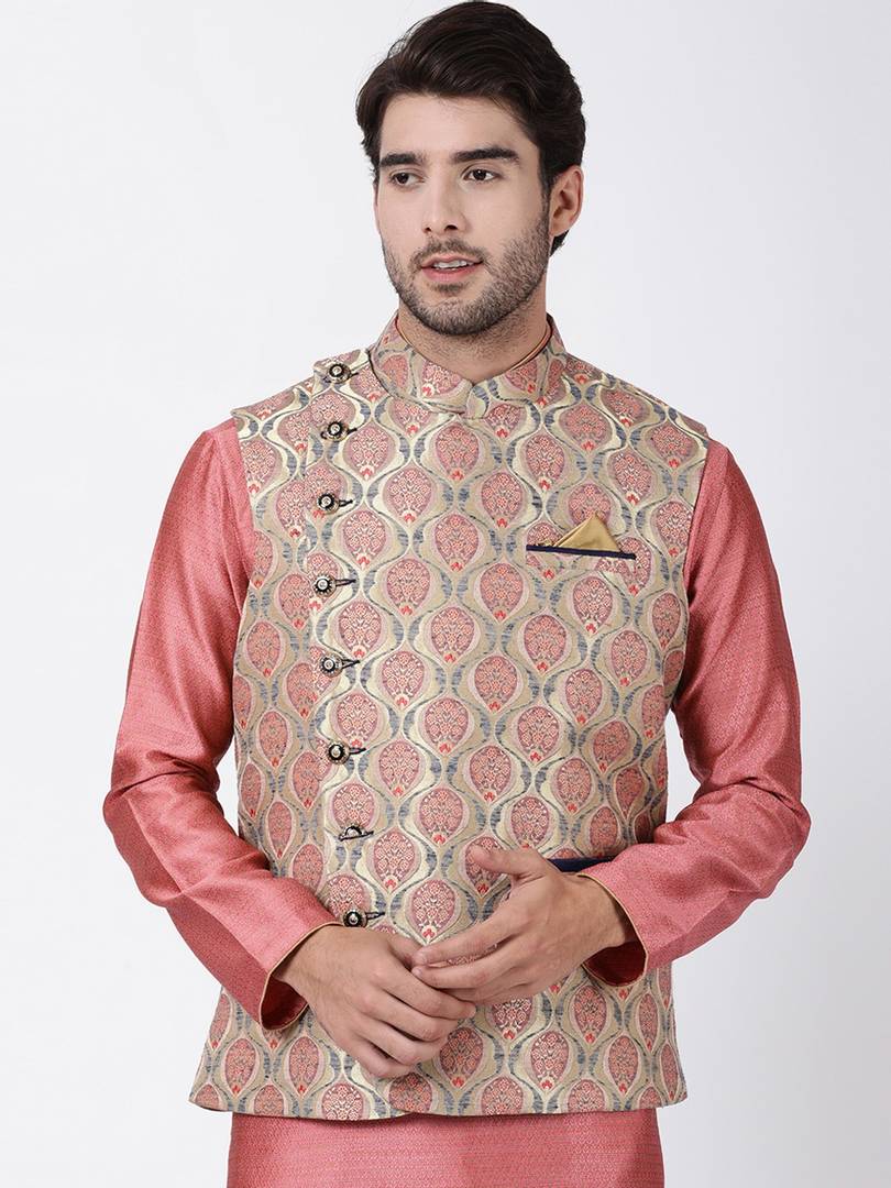 Men's Peach 
Cotton Blend
 Printed Nehru Jackets